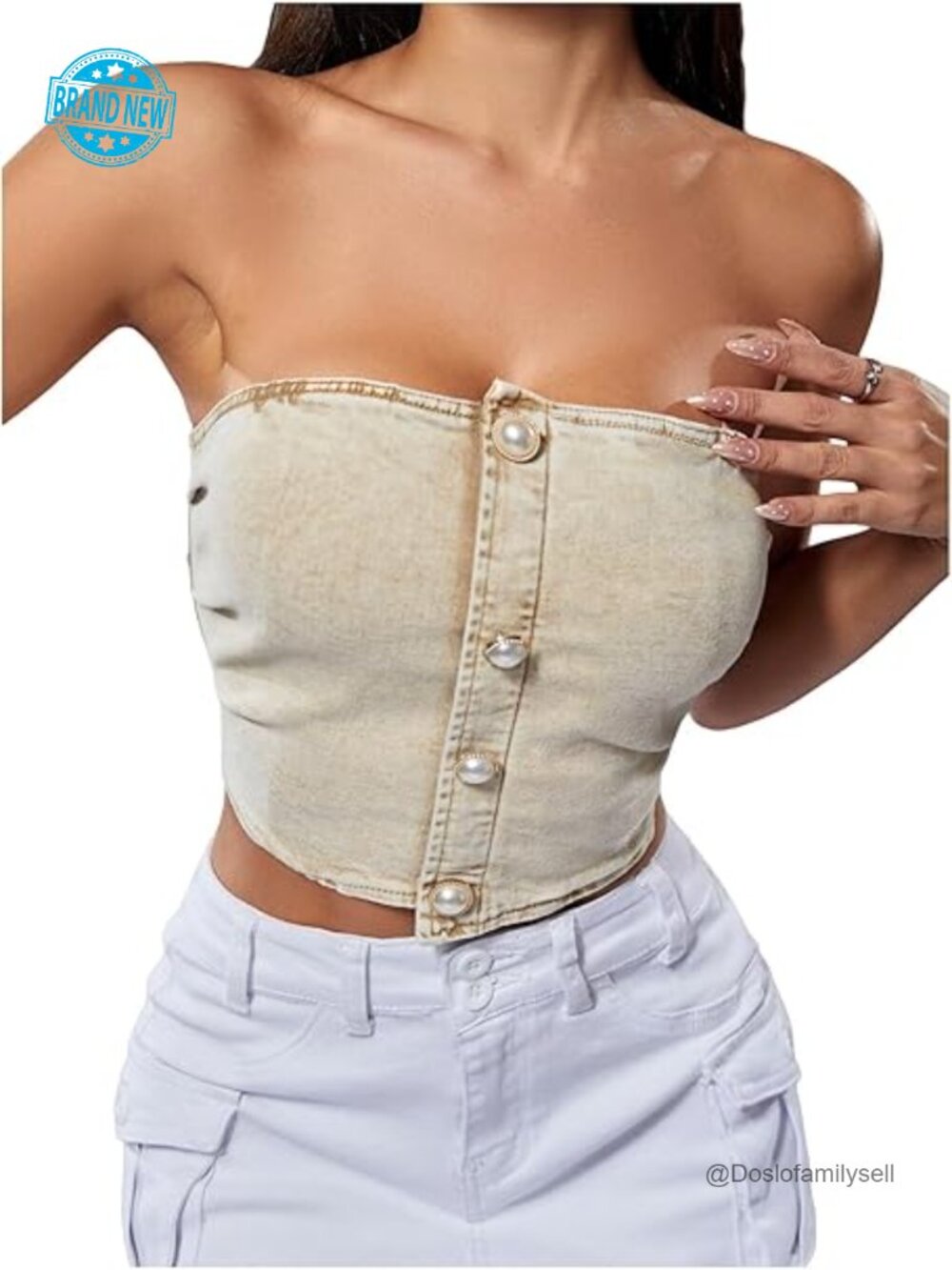 Strapless Cropped Denim Tube Top with Asymmetrical Hem